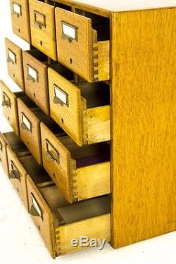 B686 Antique Tiger Oak 12 Drawer Library File Card Cabinet, Brass Hardware