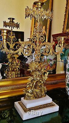 BEAUTIFUL ORNATE PAIR OF CANDELABRAS OF A VICTORIAN COUPLE, MARBLE STAND