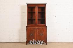 Baker Furniture Style Georgian Inlaid Flame Mahogany Breakfront Bookcase Cabinet
