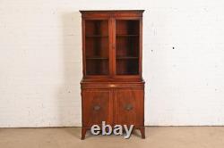 Baker Furniture Style Georgian Inlaid Flame Mahogany Breakfront Bookcase Cabinet