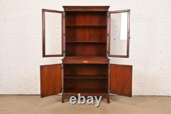 Baker Furniture Style Georgian Inlaid Flame Mahogany Breakfront Bookcase Cabinet