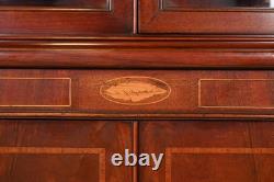 Baker Furniture Style Georgian Inlaid Flame Mahogany Breakfront Bookcase Cabinet