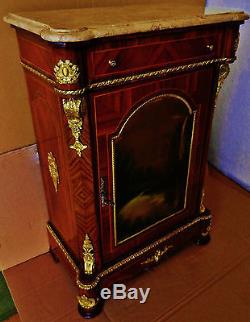 Beautiful Small Format French Louis Style, Marble Top Cabinet, Hand Painted Panel