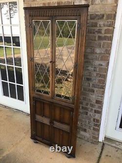 Beautiful Vintage English Leaded Glass Corner Cabinet Dark Wooden