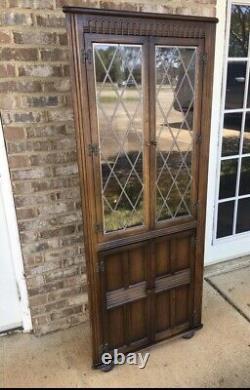 Beautiful Vintage English Leaded Glass Corner Cabinet Dark Wooden