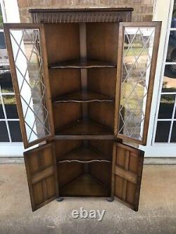 Beautiful Vintage English Leaded Glass Corner Cabinet Dark Wooden