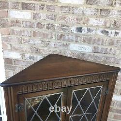 Beautiful Vintage English Leaded Glass Corner Cabinet Dark Wooden