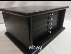 Black wooden cabinet with 5 drawers for coins. Handmade, using real wood