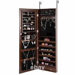 Brown Jewelry Cabinet Armoire Jewelry Box Organizer with Mirror Wall/ Door Mounted