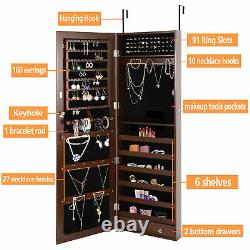 Brown Jewelry Cabinet Armoire Jewelry Box Organizer with Mirror Wall/ Door Mounted