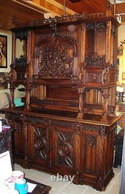 C. 1850 GOTHIC STULE HUGE CARVED WALNUT CABINET WithMEDIEVAL BATTLE SCENE B. OFFER