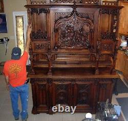 C. 1850 GOTHIC STULE HUGE CARVED WALNUT CABINET WithMEDIEVAL BATTLE SCENE B. OFFER