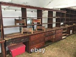 C1900 antique store counter cabinet open top shelves PINE original varnish 14' B
