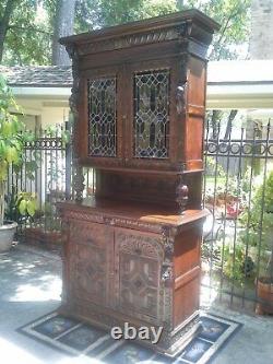 Carved Stained Glass Bookcase Gothic Victorian Cabinet