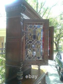 Carved Stained Glass Bookcase Gothic Victorian Cabinet