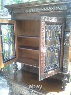 Carved Stained Glass Bookcase Gothic Victorian Cabinet