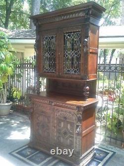 Carved Stained Glass Bookcase Gothic Victorian Cabinet