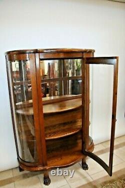 China cabinet Curved Glass solid Oak Two shelves led lighted Big Lion Claw Feet