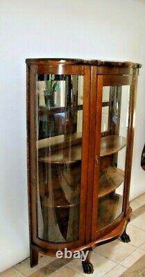 China cabinet Curved Glass solid Oak Two shelves led lighted Big Lion Claw Feet