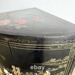 Chinese Black Lacquered and Hand Laminated Demi Lune Cabinet/Side Table