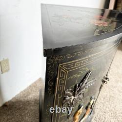 Chinese Black Lacquered and Hand Laminated Demi Lune Cabinet/Side Table