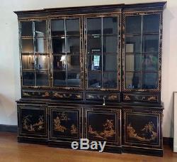 Chinoiserie Charak Black Laquer Chinese Chippendale Breakfront