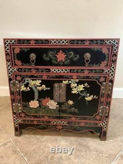 Chinoiserie Vintage Asian Black Lacquer Cabinet side table with drawer wood