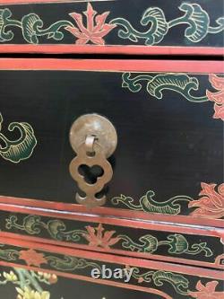 Chinoiserie Vintage Asian Black Lacquer Cabinet side table with drawer wood