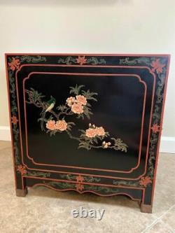 Chinoiserie Vintage Asian Black Lacquer Cabinet side table with drawer wood