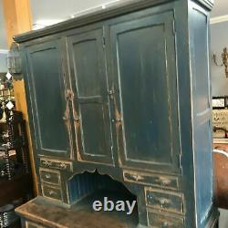 Country Primitive Blue Painted Stepback Cupboard in Blue Paint