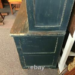 Country Primitive Blue Painted Stepback Cupboard in Blue Paint
