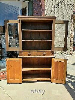 Country primitive Antique stepback cupboard cabinet wood Full plank