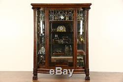 Curved Glass 1900 Antique Oak China Cabinet, Curio Display, Leaded Beveled Glass