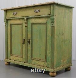 Early 1900's Pine Sideboard/cupboard On Bun Feet & Stunning Soft Green Colour