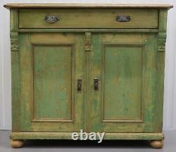 Early 1900's Pine Sideboard/cupboard On Bun Feet & Stunning Soft Green Colour