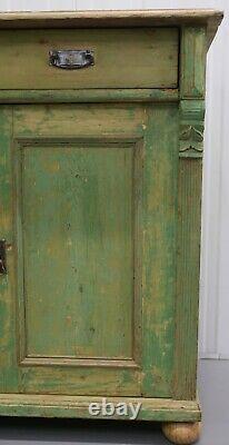 Early 1900's Pine Sideboard/cupboard On Bun Feet & Stunning Soft Green Colour