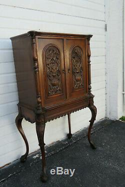 Early 1900s Heavy Hand Carved Inlay China Closet TV Media Cabinet 1187