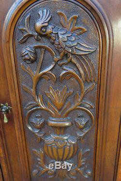 Early 1900s Heavy Hand Carved Inlay China Closet TV Media Cabinet 1187