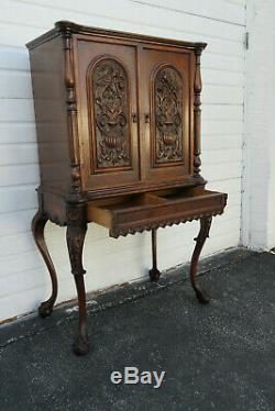 Early 1900s Heavy Hand Carved Inlay China Closet TV Media Cabinet 1187