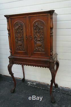 Early 1900s Heavy Hand Carved Inlay China Closet TV Media Cabinet 1187