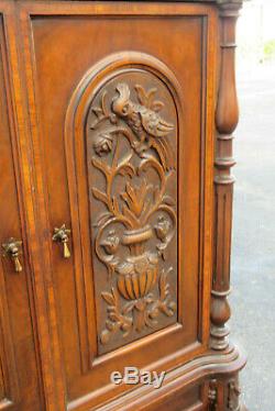 Early 1900s Heavy Hand Carved Inlay China Closet TV Media Cabinet 1187