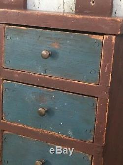 Early Antique Folk Art Wood Original Red Blue Apothecary Cabinet Square Nails