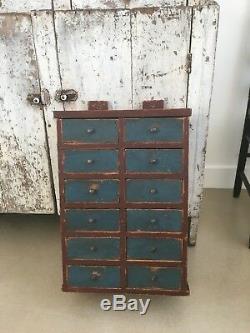 Early Antique Folk Art Wood Original Red Blue Apothecary Cabinet Square Nails