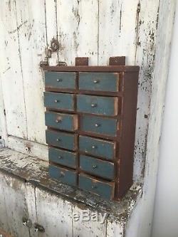 Early Antique Folk Art Wood Original Red Blue Apothecary Cabinet Square Nails