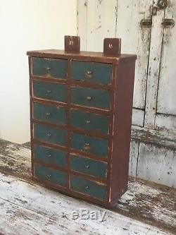 Early Antique Folk Art Wood Original Red Blue Apothecary Cabinet Square Nails