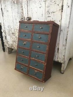 Early Antique Folk Art Wood Original Red Blue Apothecary Cabinet Square Nails