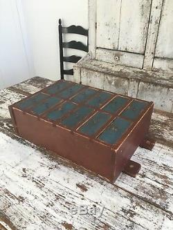 Early Antique Folk Art Wood Original Red Blue Apothecary Cabinet Square Nails