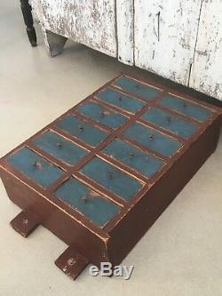 Early Antique Folk Art Wood Original Red Blue Apothecary Cabinet Square Nails