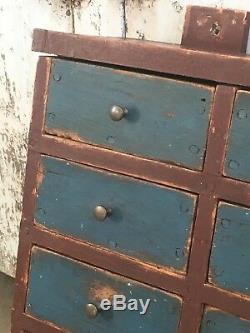 Early Antique Folk Art Wood Original Red Blue Apothecary Cabinet Square Nails