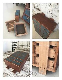 Early Antique Folk Art Wood Original Red Blue Apothecary Cabinet Square Nails